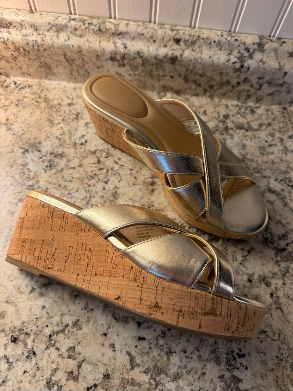 Metallic Gold Cork Wedge Slide Sandals - Cross Strap Comfort